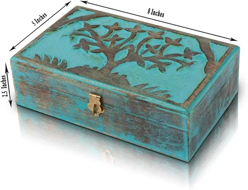 Vista 3 de Gran idea de regalo de cumpleaños, caja de joyería decorativa hecha a mano de madera para tallar el árbol de la vida, cerradura y llave, organizador