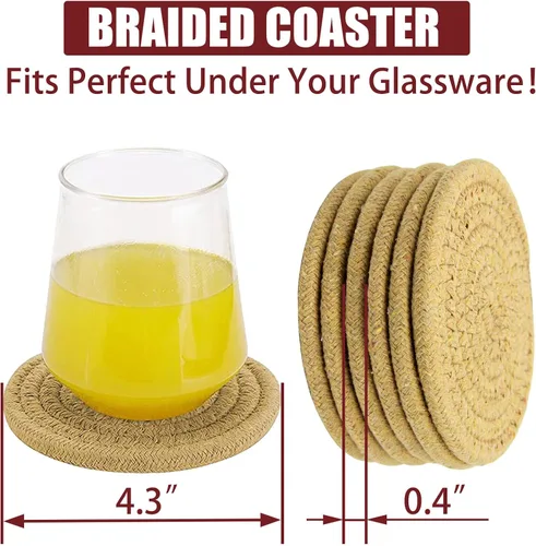 Vista 5 de Casaphoria Posavasos tejidos de algodón para bebidas, absorbentes, resistentes al calor, 6 unidades, marrón, redondo, 4.3 pulgadas