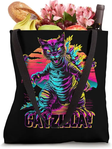 Vista 4 de Streetwear Synthwave 80s 90s Catzilla Cat Japanese teen Tote Bag
