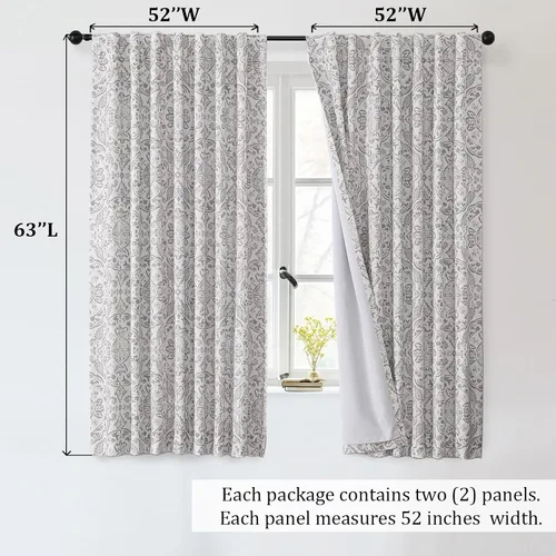 Vista 5 de Cortinas Totalmente Opacas Grises de 63 Pulgadas de Largo, Juego de 2 Paneles para Dormitorio y Sala de Estar, Estampado de Medallón, Doble Capa