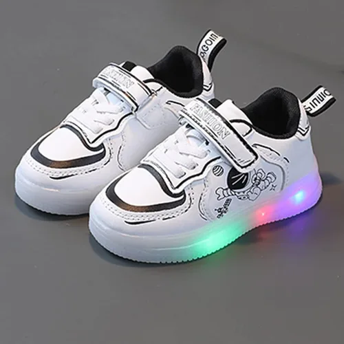 Vista 2 de Zapatos deportivos con luces LED para niños zapatos con luz zapatos blancos pequeños antideslizantes parte inferior suave morado 12-18 meses