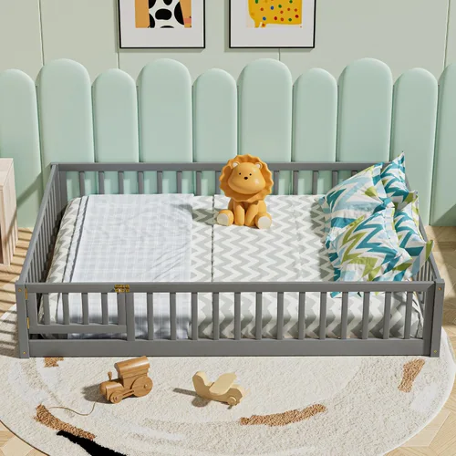 Vista 4 de Cama de plataforma de suelo tamaño Queen con barandillas y puerta en forma de valla, marco de cama de madera maciza con 7 listones de soporte, marco