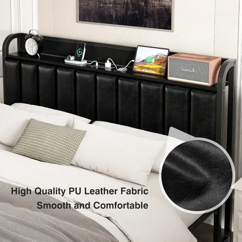 Vista 4 de VECELO Queen Bed Frame, Storage Upholstered Headboard with Charging Station, Platform Bedframe, Heavy Duty Metal Slats, No Box Spring Needed
