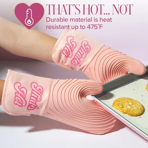 Vista 3 de Paris Hilton Juego de manoplas para horno con diseño icónico de That's HOT, agarraderas resistentes al calor con agarres de silicona texturizada