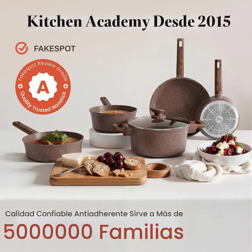 Vista 8 de Kitchen Academy Juego de 10 ollas y sartenes de inducción antiadherentes, color marrón