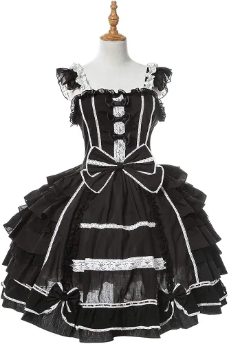 Vista 2 de Nuoqi Lolita vestido gótico para mujer y niña, con listones, vestido de princesa, vestido de princesa con escarolas de encaje, vestido para disfraz