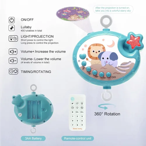 Vista 4 de YUNGCHI Móvil de bebé para cuna con juguetes de cuna, música y luces para paquete y paly cuna carrusel musical móvil móvil para niñas y niños, móvil