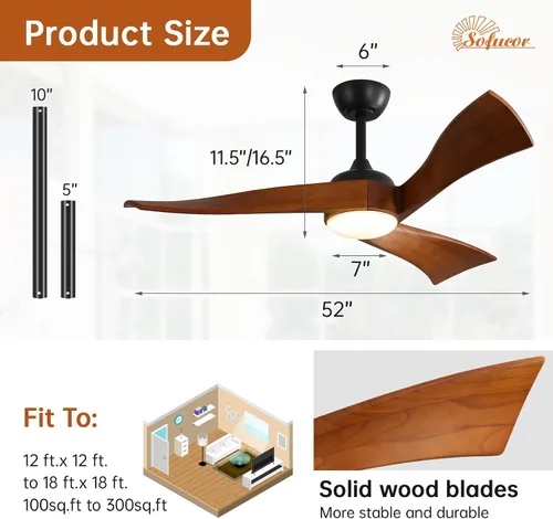 Vista 7 de Sofucor Ventilador de techo de 52 pulgadas con luz y control remoto, 3 aspas de madera maciza, motor de CC silencioso, 6 velocidades 5000 CFM, LED