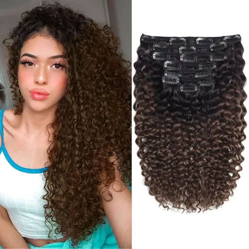 Vista 14 de Caliee - Extensiones de cabello rizado con clip 3B 3C Jerry, extensiones de clip de cabello rizado 14 pulgadas 1B color natural, extensiones