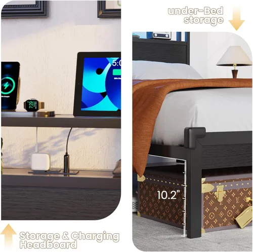 Vista 8 de Full Size Bed Frame with Headboard Built-in Charging Station & Led Lights
