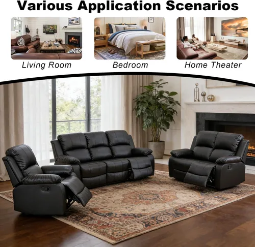 Vista 6 de Sofá reclinable de cuero, juego de muebles de sofá biplaza reclinable manual de 2 asientos, moderno sofá biplaza reclinable con reposabrazos