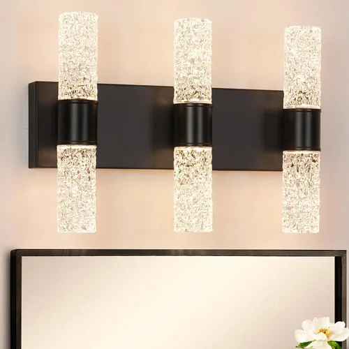Vista 15 de Juego de 2 apliques de pared LED de cristal, lámparas de baño de oro cepillado, modernas luces de baño con LED con cable para dormitorio, sala