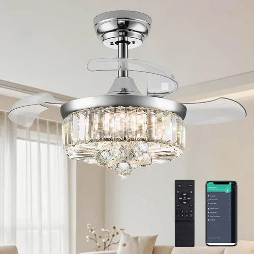 Vista 11 de DuMaiWay Ventilador de techo de 30 pulgadas con lámpara de cristal de luz, ventilador de techo reversible moderno, regulable, temporizador Negro