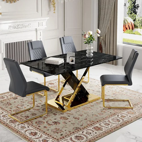 Vista 25 de Juego de mesa de comedor de mármol para mesa rectangular blanca de 6.63 pulgadas con marco de metal plateado en forma de X y 6 sillas de comedor