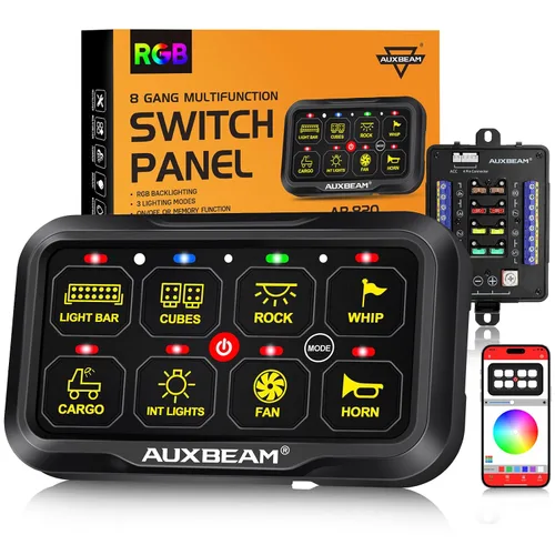 Vista 9 de Auxbeam Panel de interruptores de 6 bandas Bluetooth AR-600 RGB con botón grande, interruptor auxiliar con interruptor de palanca momentáneo