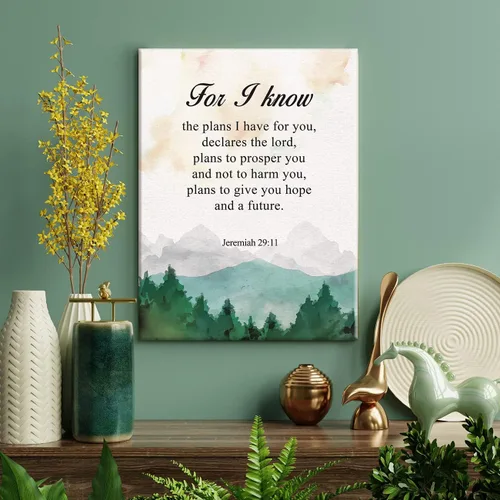 Vista 3 de YeleY Impresión inspiradora con versículo bíblico de Jeremías 29:11 for I Know the Plans, lienzo, arte de pared, acuarelas, escritura, póster, obra