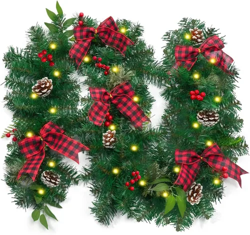 Vista 9 de Guirnalda de Navidad de 9 pies con luces, guirnalda iluminada que funciona con baterías con piñas, bayas rojas, ramas frondosas, 50 luces LED, 8