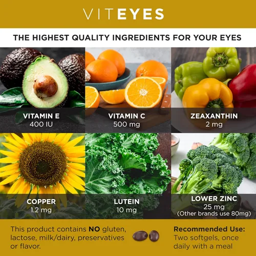 Vista 3 de Viteyes AREDS 2 Fórmula Clásica de Salud Macular en Cápsulas Blandas, Vitamina para la Salud Ocular y Protección de la Visión, Bajo en Zinc