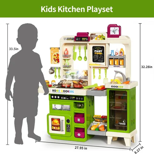 Vista 5 de Pupu Pig Juego de cocina para niños, cocina de juego con estufa de juguete, parrilla, fregadero, comida de juguete, accesorios de cocina, juego