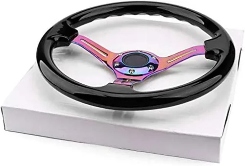 Vista 4 de Volante de Carreras de Coche de 6 Pernos Marco de Radios Neo Cromado Arcoíris Volante Universal de Posventa Compatible con Coche y Juego de Negro