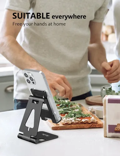 Vista 2 de Aoviho Soporte plegable para teléfono celular para escritorio, soporte ajustable para oficina, videollamadas y transmisión, base de teléfono de Negro