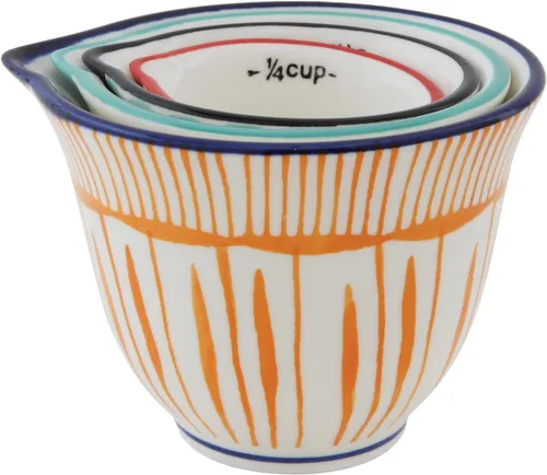 Vista 3 de Tazas medidoras de gres a rayas estampadas a mano (juego de 4 tamaños/diseños)