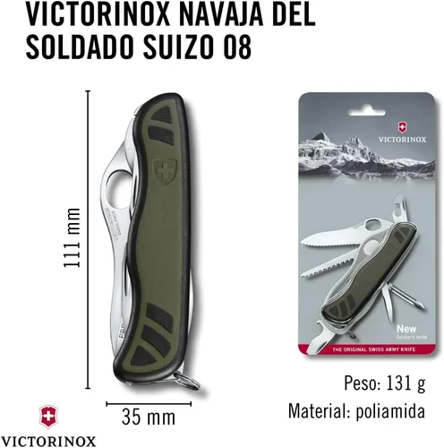 Vista 5 de Victorinox - Cuchillo suizo para soldado 08, 10 funciones, color oliva/negro Large one-handed lock blade with wavy edge, wood saw, screwdrivers