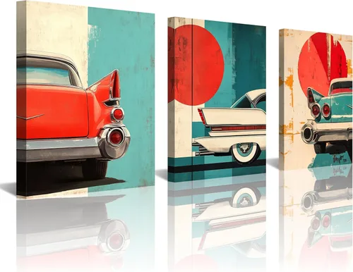 Vista 8 de NAN Wind 3 piezas de arte retro para pared de automóvil, impresión vintage clásica, verde azulado, azul, fondo geométrico abstracto de mediados
