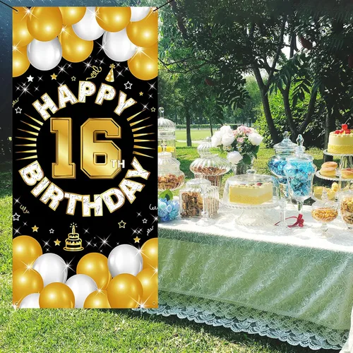 Vista 7 de Decoraciones de feliz cumpleaños número 16 para niños y niñas, pancarta de tela para cumpleaños de 16 años, suministros de fiesta de dieciséis años