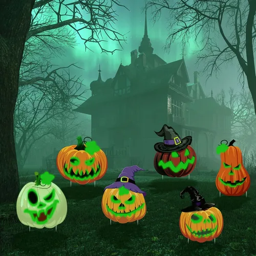 Vista 7 de Soaoo Paquete de 6 carteles fluorescentes de calabaza de Halloween de 16 pulgadas con estacas, caras espeluznantes y sombrero de bruja, letreros