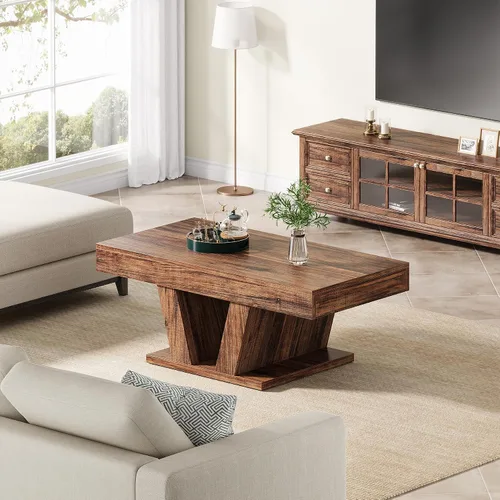 Vista 7 de Mesa de centro Farmhouse de 43 pulgadas con almacenamiento, color marrón Wood Center Tea Table with Hidden Storage, Rectangle Cocktail Table for