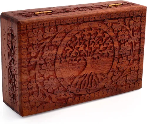 Vista 4 de Gran regalo de cumpleaños, caja de joyería decorativa de madera hecha a mano, organizador de joyas tallado en árbol de la vida, caja de recuerdos