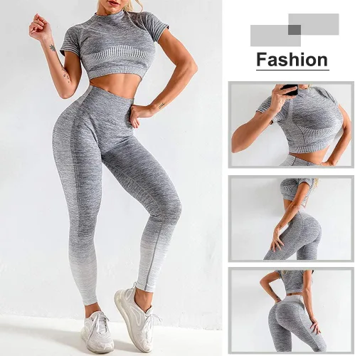 Vista 4 de FeelinGirl Conjuntos de entrenamiento de 2 piezas para mujer, sin mar, manga corta, trajes de yoga acanalados, leggings de cintura alta