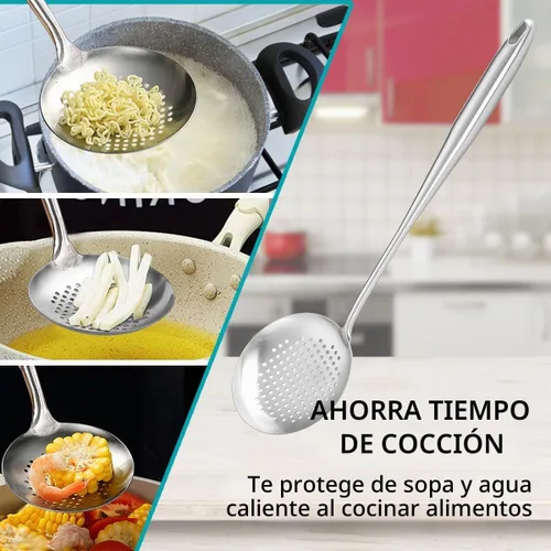 Vista 6 de Berglander Juego de espátulas Wok, utensilios de cocina de acero inoxidable - Herramientas Wok de 17 ": espátula, cucharón, espumadera