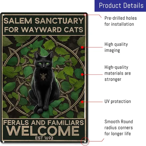 Vista 3 de Magic Call - Cartel de metal de gato negro, Santuario de Salem para gatos Waywards, póster retro para decoración del hogar, póster de pintura de 8 x
