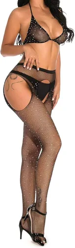 Vista 4 de Brasier de malla con diamantes de imitación brillantes y mallas de cintura alta pantalones de asiento abierto malla con agujero para mujer