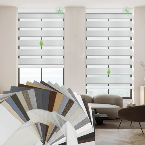 Vista 15 de Persianas motorizadas de cebra con control remoto, funcionan con HomeKit Alexa, cortinas eléctricas automáticas para ventanas, 60% opacas, filtro