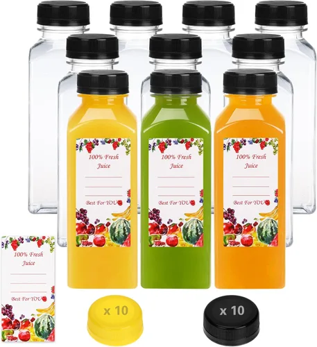 Vista 10 de SUPERLELE - 10 botellas de plástico para jugo de 12 onzas con tapas azules y negras