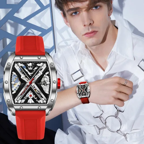 Vista 4 de OLEVS Tonneau - Relojes automáticos de esqueleto para hombre, de lujo, elegante, con banda de silicona, impermeable, luminoso, relojes de pulsera