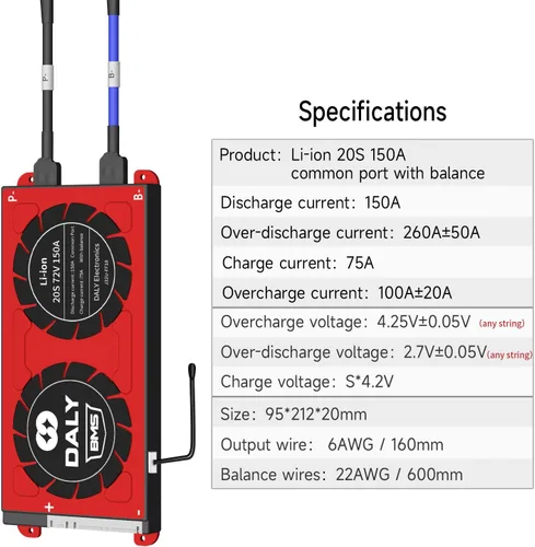 Vista 39 de DALY BMS 72V Li-ion 20S 30A Tablero de protección con cable de equilibrio de puerto común para panel solar autoconstruido, sistema de suministro