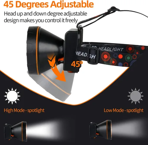 Vista 3 de Superbright - Linterna frontal LED recargable, luz de campamento de alta potencia, 2 modos, impermeable, ajustable, cabeza dorada, lámpara