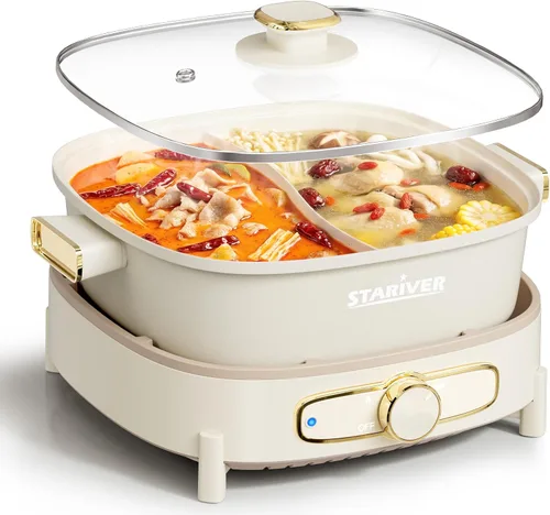 Vista 7 de Stariver Olla Caliente Eléctrica con Divisor, Grande de 6L Antiadherente Olla Eléctrica de Doble Sabor Shabu Shabu, Olla Caliente de 1500W con 3