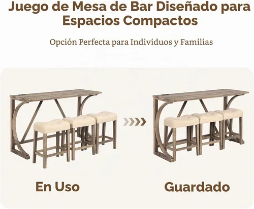 Vista 5 de Juego de mesa de barra de 59" de altura de mostrador con toma de corriente, mesa de desayuno industrial con 3 taburetes acolchados, juego de mesa