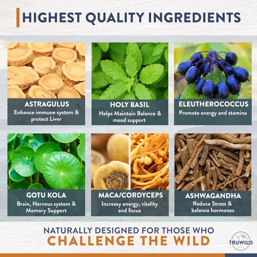 Vista 5 de TruWild Adaptogen Blend con Cordyceps Maca Ashwagandha - Mezcla de hongos de espectro completo para apoyo y función diarios, fórmula totalmente