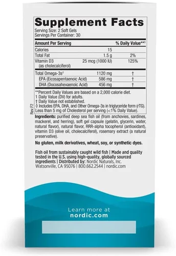 Vista 2 de Nordic Naturals Ultimate Omega Mini D3, sabor a limón, 60 mini geles suaves, 1120 mg de omega-3 + 1000 UI de vitamina D3, EPA y DHA, promueve