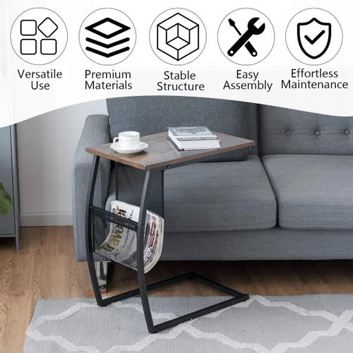 Vista 7 de Tangkula Mesa auxiliar para sofá, mesa C con bolsillo lateral y marco de metal, mesa auxiliar industrial para sofá, cama, sala de estar, dormitorio