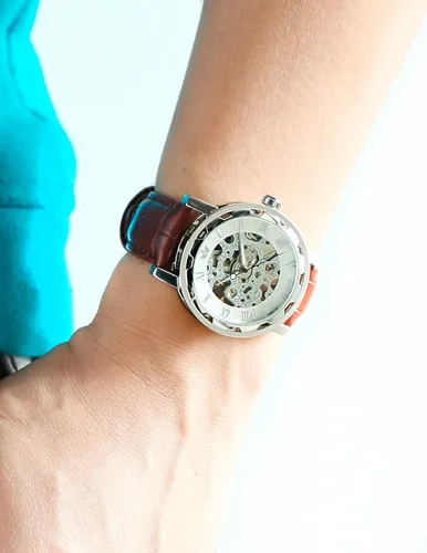Vista 7 de Reloj de pulsera de cuero marrón mecánico con esfera blanca para hombre PMW302, Blanco