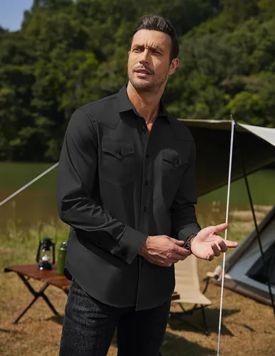 Vista 4 de COOFANDY Camisas vaqueras occidentales de manga larga de algodón con botones y bolsillos para hombre