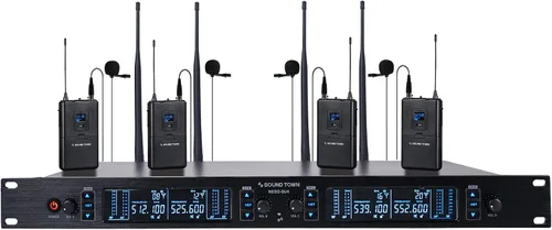 Vista 6 de Sound Town Sistema de micrófono inalámbrico UHF ajustable de 200 canales con receptor de metal, 4 micrófonos de mano y escaneo automático