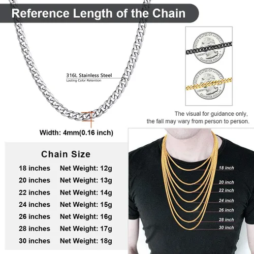 Vista 5 de ChainsPro Mens Sturdy Cuban Chain Necklace, 4569121315 MM Width, 14" 18" 20" 22" 24" 26" 28" 30" Length, Hip-Hop Cool Style, 316L Stainless Steel18K